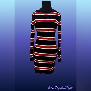 Divided Black, Red, and White Striped Long Sleeve Dress